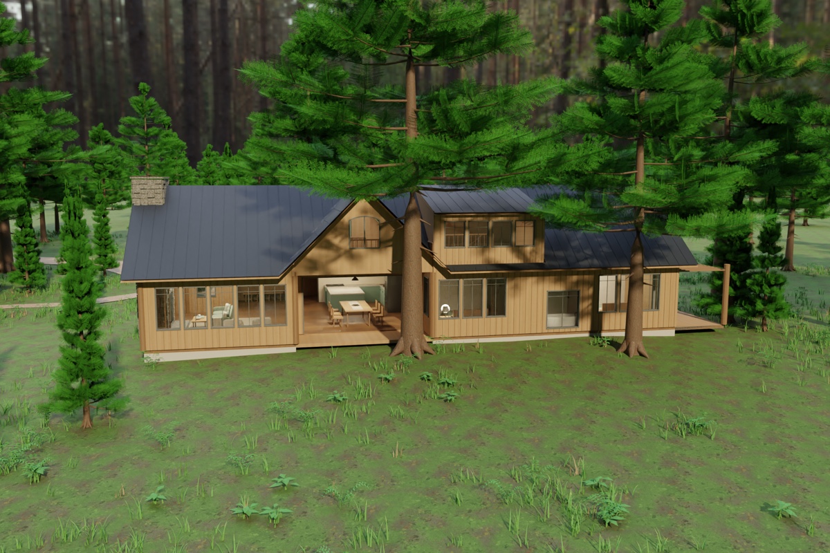 Wood house and stone chimney among the trees in Camp Sherman